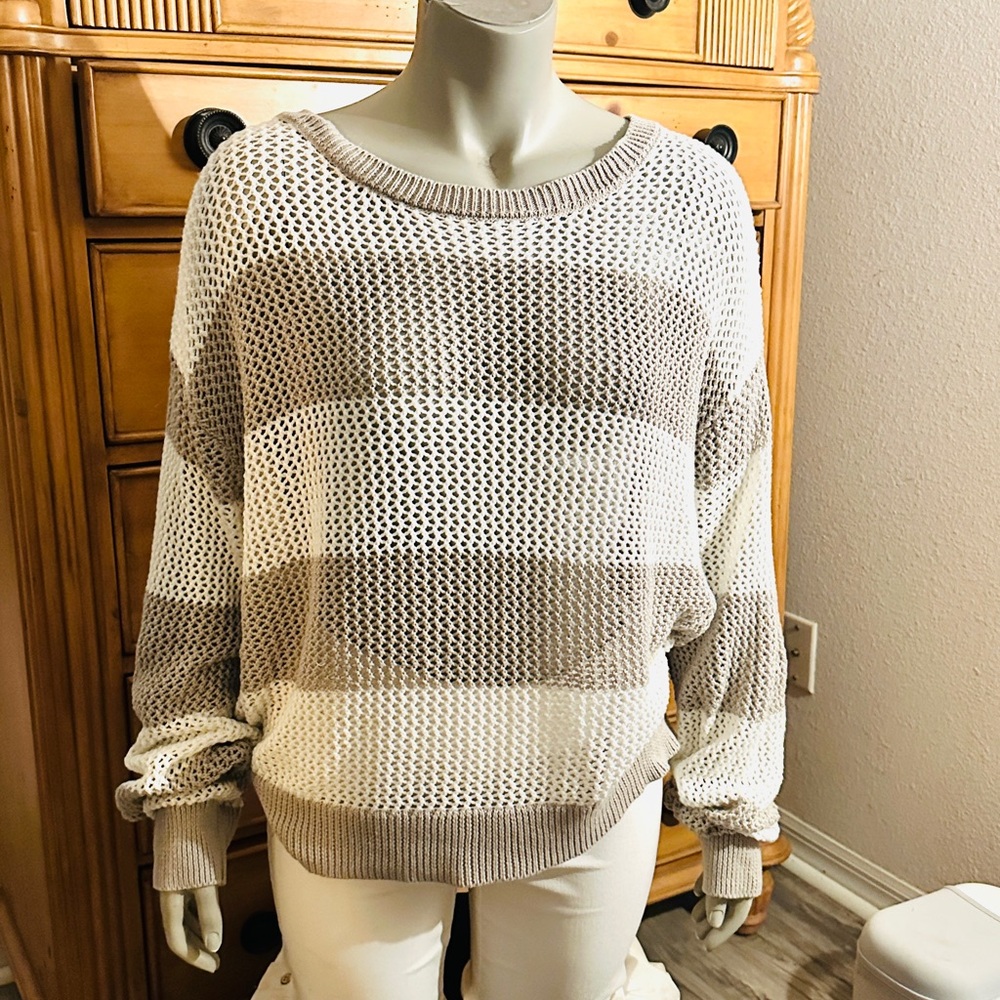 Women’s Knitted Casual Summern Cover-up  Neutral Striped Sweater Large